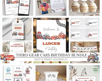 Autos zum 3. Geburtstag Bundle, Autos Party Einladung, bearbeitbares Auto Geburtstagsfeier Set, dritte Geburtstagsfeier, Junge dritter Gang Auto Mobile einladen