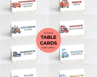 Autos-Geburtstags-Lebensmittelkarten, bearbeitbare Auto-Geburtstagsfeier-Tischkarten, Geburtstagsfeier-Lebensmitteletiketten, Jungen-Mater-Auto laden ein, Lightning McQueen-Autos
