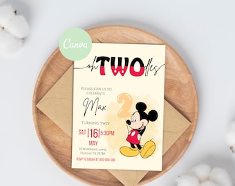 Oh Twodles Mickey Invitación para el segundo cumpleaños Invitación para el segundo cumpleaños de niños Mickey Mouse Plantilla editable de Evite Descarga digital instantánea