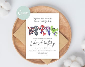 Invitación de cumpleaños de Spidey y sus increíbles amigos en acuarela, plantilla de superhéroe imprimible, invitación infantil, descarga instantánea editable.