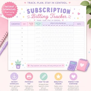 May include: A subscription billing tracker printable sheet with pastel purple and pink accents. The document features columns for subscription name, cost, billing cycle, next bill date, and monthly checkboxes. It includes text: NEVER MISS A PAYMENT, Subscription Billing Tracker, and TRACK. PLAN. STAY IN CONTROL. The design is decorated with small stars, hearts, a potted plant, a calculator, and a notebook.