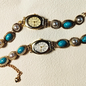 Vintage Turquoise & Pearl Watch Bracelet – Women&#39;s Boho Statement Jewelry with Oval Face - Gift for Her