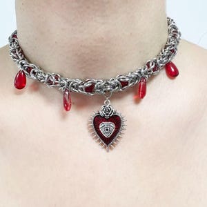 Handmade Gothic Chainmail Choker: Red Evil Eye Heart Pendant