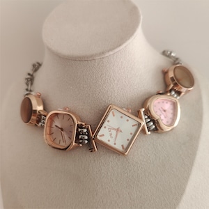 Vintage Multi-Watch Choker – Unique Charm Statement Necklace - Silver Gold Watch Faces Women Gift