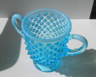 Vintage Mid Century Fenton Blue Opalescent Glass Hobnail Sugar Vase 1950