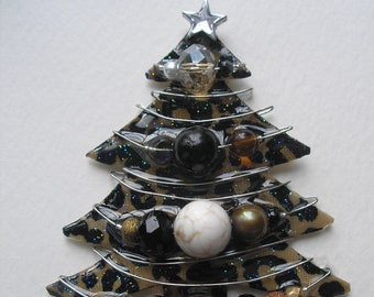 Lg Signed Dalton Leopard Christmas Tree Pin Pendant Pearls Tigers Eye Czech Glass Carnelian