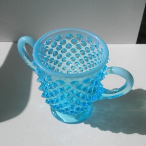 Vintage Mid Century Fenton Blue Opalescent Glass Hobnail Sugar Vase 1950