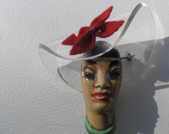 Lg Vintage 1940s Elzac Victims Of Fashion Lucite Pottery Face Hat Pin