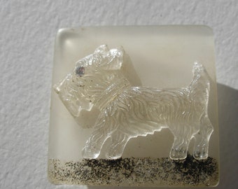 Vintage 1930s Dog Carved Lucite Scottie Westie Terrier Celluloid Pin Mica