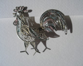 Vintage 800 European Vermeil Silver Rooster Bird Pin Trombone Clasp Patinated Filigree 1930s