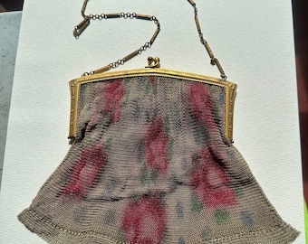 Vintage Art Deco Whiting Davis Rose Flower Mesh Enamel Purse Flapper 1920s