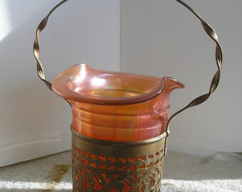 Vintage 1940s Marigold Carnival Glass Punched Metal Posey Pansy Basket Vase