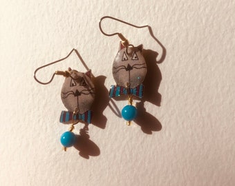 Signed Stephen Dalton Half Baked Turquoise Bowtie Cat Earrings Kidney Wires