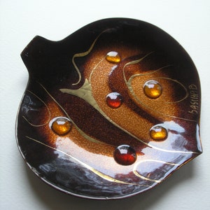 Vintage Signed Mid Century Modern Copper Glass Leaf Enamel Dish Plate Ring Tray Signed Sascha Brastoff