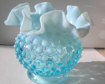 Vintage Mid Century Fenton Blue Opalescent Glass Hobnail Vase 1950