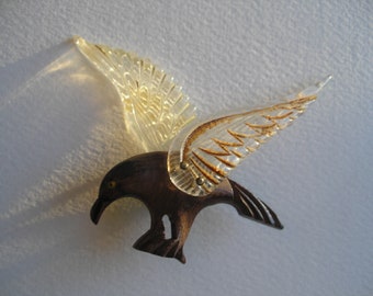 Lg Vintage 1940s Lucite Pin Reverse Carved Eagle Carved Wood