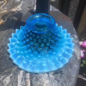 Vintage Mid Century Fenton Blue Opalescent Glass Hobnail Footed Bowl 1950 7”