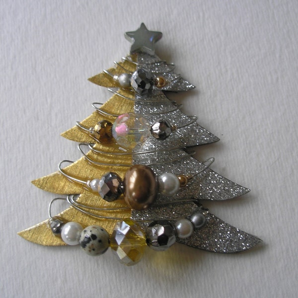 Lg Signed Stephen Dalton  Silver Gold Christmas Tree Pin Pendant Pearls Czech Glass Jasper