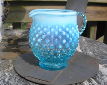 Vintage Mid Century Fenton Blue Opalescent Glass Hobnail Pitcher 1950