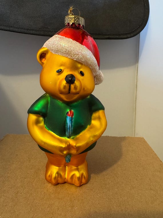 吹きガラスのクマのクリスマスオーナメント グリーン＆ゴールド 高さ6