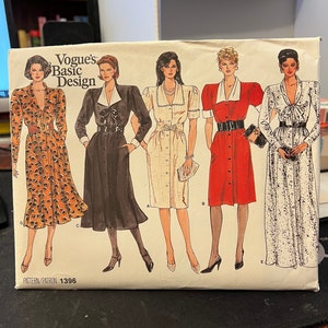 May include: Vogue's Basic Design sewing pattern number 1396 featuring five different dress styles. The dresses are shown in a variety of colors and patterns, including leopard print, black, white, red, and a sparkly silver fabric.
