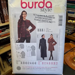 May include: A Burda Style 7130 sewing pattern envelope featuring illustrations of three jacket and coat designs. The front displays a red and black tweed jacket, a long black coat, and a patterned coat with fur trim, including size charts and text.