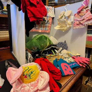 Può includere: Una collezione di vestiti e accessori per bambole, tra cui una giacca con cappuccio rossa, abiti rosa con finiture in pizzo e accessori in feltro blu e rosa. È visibile anche un grande fiore rosa con un centro giallo.