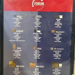 May include: A close-up of a page from a book titled "Microprocessor Forum 2000". The page features a collection of small, square images representing different microprocessors, each with a brief description of its specifications, including the manufacturer, name, size, number of transistors, date of release, and technology used. The images are arranged in a grid pattern, with each image labeled with the manufacturer's logo.