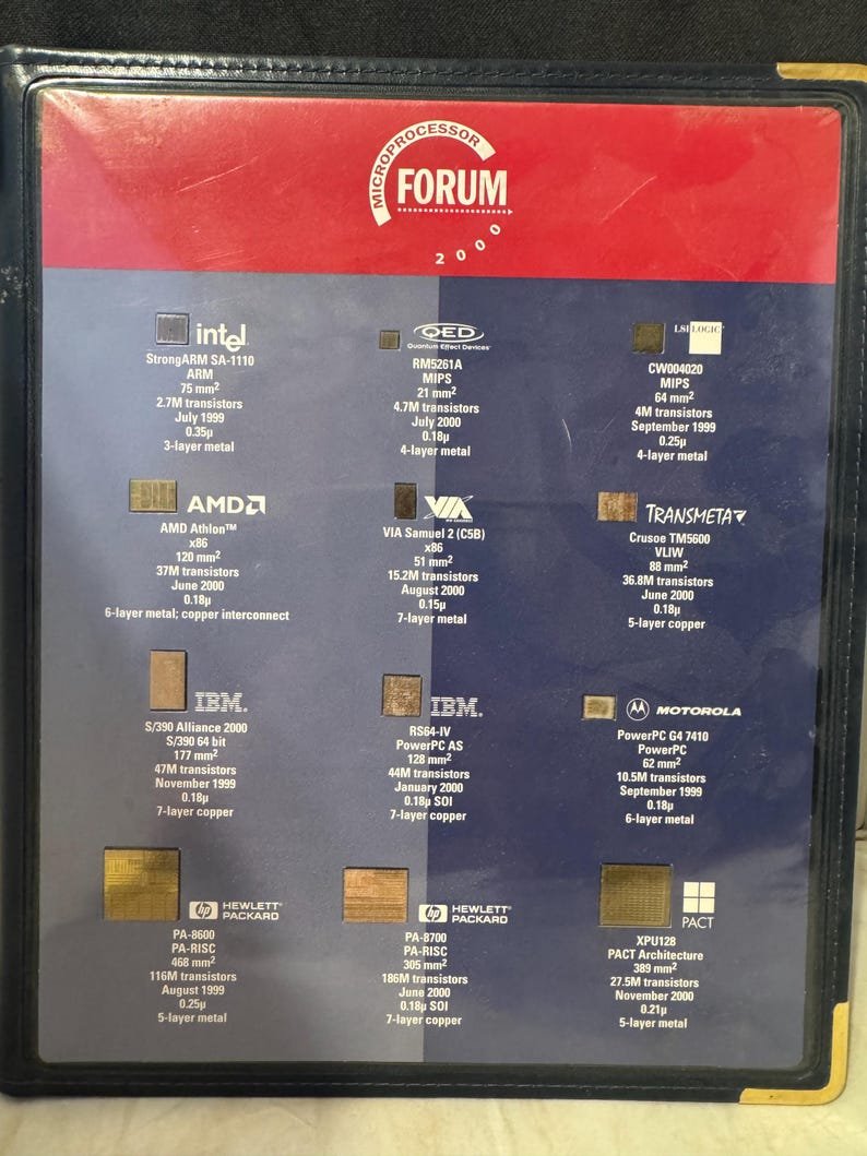 K&ouml;nnte beinhalten: Nahaufnahme einer Seite aus einem Buch mit dem Titel "Microprocessor Forum 2000". Die Seite zeigt eine Sammlung kleiner, quadratischer Bilder, die verschiedene Mikroprozessoren darstellen, jeweils mit einer kurzen Beschreibung ihrer Spezifikationen, einschlie&szlig;lich Hersteller, Name, Gr&ouml;&szlig;e, Anzahl der Transistoren, Erscheinungsdatum und verwendeter Technologie. Die Bilder sind in einem Raster angeordnet, wobei jedes Bild mit dem Logo des Herstellers gekennzeichnet ist.