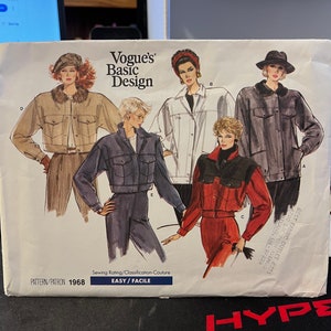 May include: Vogue's Basic Design sewing pattern number 1968, featuring four different jacket styles. The pattern is labelled as easy to sew.