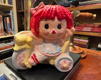 Vintage Relpo Raggedy Ann on a Tricycle Ceramic Planter / Rare