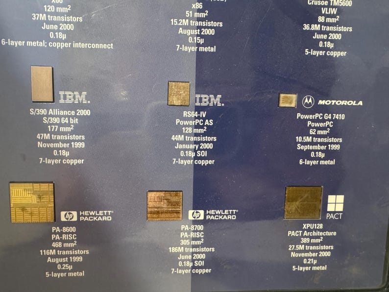 K&ouml;nnte beinhalten: Eine Vergleichstabelle verschiedener Computerchips von verschiedenen Herstellern, darunter IBM, Motorola, Hewlett Packard und Pact. Die Tabelle zeigt den Chipnamen, die Gr&ouml;&szlig;e, die Anzahl der Transistoren, das Herstellungsdatum und andere technische Spezifikationen.