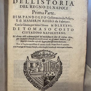 Puede incluir: Una portada de libro vintage con el título "Del Compendio Dell'Istoria Del Regno Di Napoli" en texto negro. El libro fue publicado en 1591 por Giofeffo Pelufio en Venecia.