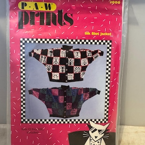 May include: A pink and black sewing pattern for a jacket with a checkered design. The pattern is called "Ink Blot Jacket" and is from the company "PAW prints". The pattern includes sizes XS through XXXL.