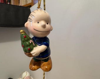 Vintage Peanuts Linus W/Tree Christmas Ornament