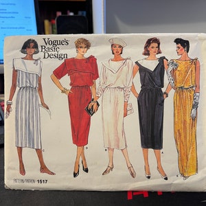 May include: Vogue's Basic Design pattern 1517 sewing pattern featuring five different dress designs. The dresses are shown on five models with different hairstyles and accessories. The dresses are all knee-length and have different necklines and sleeve lengths.