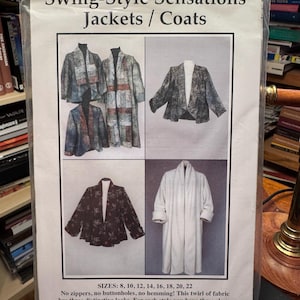 May include: A sewing pattern envelope titled Swing-Style Sensations Jackets / Coats. The front displays four images of various jacket and coat styles, including patterned and solid white designs. Text lists sizes 8 through 22 and pattern features.