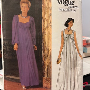 May include: Vogue Patterns Paris Original sewing pattern for a long, white evening gown with a gathered bodice and a square neckline. The pattern number is 1530.