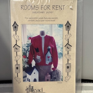 May include: A knitting pattern for a red sweatshirt jacket with birdhouse appliques. The pattern is titled "Rooms for Rent" and is from The Thread Bare Pattern Company.