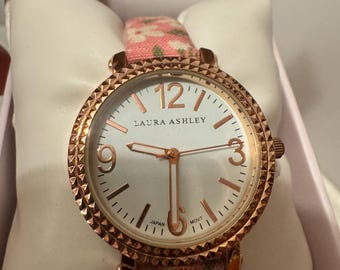 Laura Ashley Ladies White Floral Band Fluted Bezel Watch - New