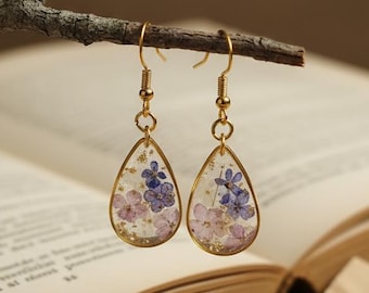 Pressed Flower Earrings – Real Purple & Pink Floral Resin Earrings | Handmade Nature Jewelry | 925 Gold-Plated Hooks | Gift for Her