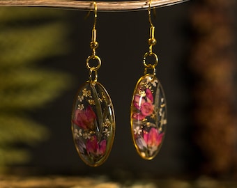 Boronia ledifolia flower teardrop Gold drop earring, Floral earrings, Resin Earrings, Real Flower Earrings, 925 Gold-Plated  Pressed flower