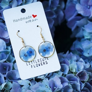 forget me not teardrop Gold earring, Floral earrings, Resin Earrings, Real Flower Earrings, Gold foil cute S925 Pressed flower Jewelery gift