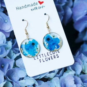 Tiny Blue flower round Gold earring, Floral earrings, Resin Earrings, Real Flower Earrings, Gold foil cute S925 Pressed flower Jewelery gift