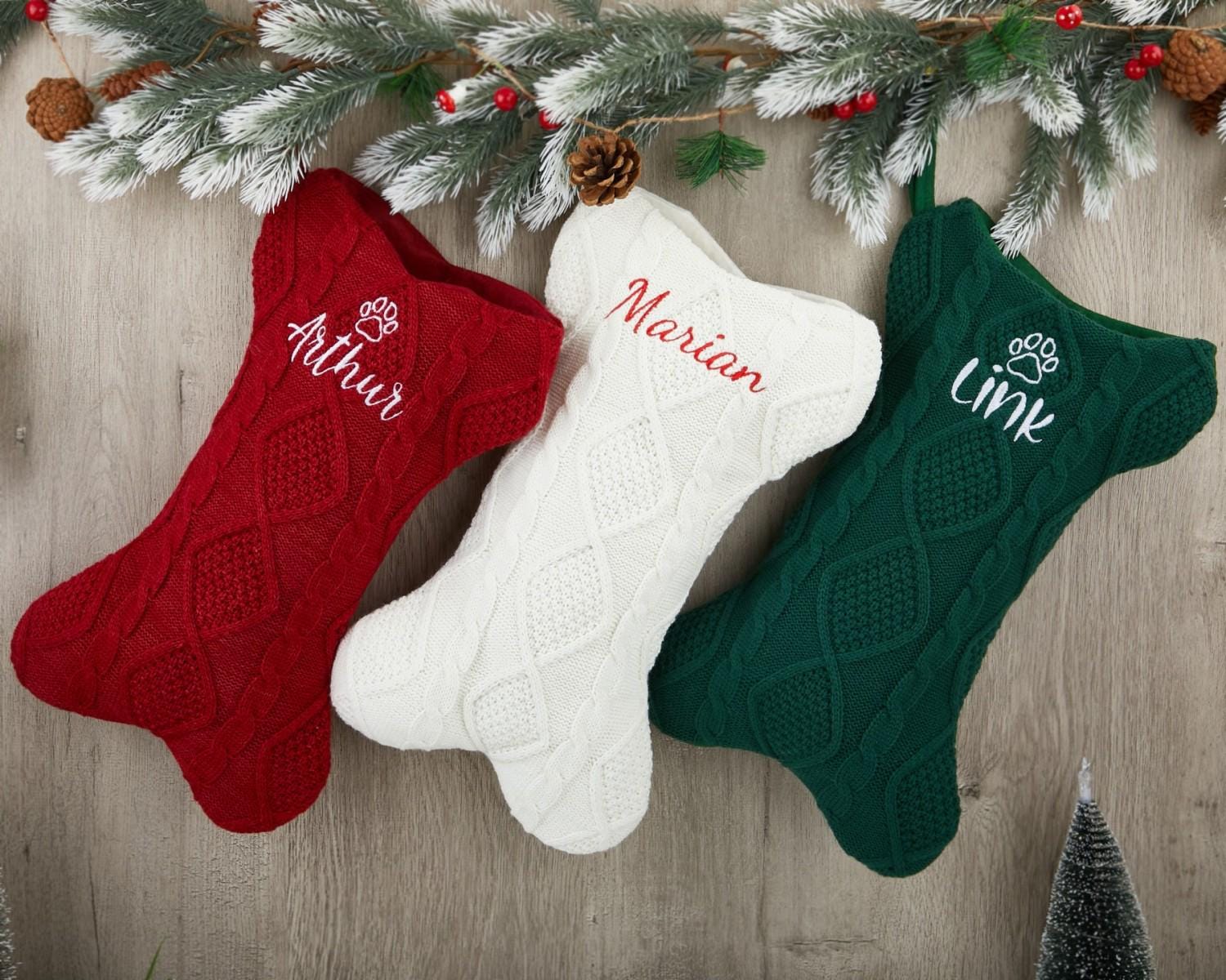 Personalized Dog Bone Christmas Stockings with Name, Bone Holiday Stocking for Dog, Christmas Dog Stocking,Embroidered Pet Stocking