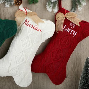 Personalized Dog Bone Christmas Stockings with Name,Knitted Stockings Christmas Decor, Embroidered Stocking, Bone Holiday Stocking for Dog