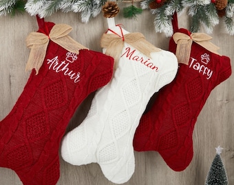 Personalized Dog Bone Christmas Stockings with Name, Family Christmas Stocking with Name, Embroidered Pet Stocking, Holiday Decor Gift