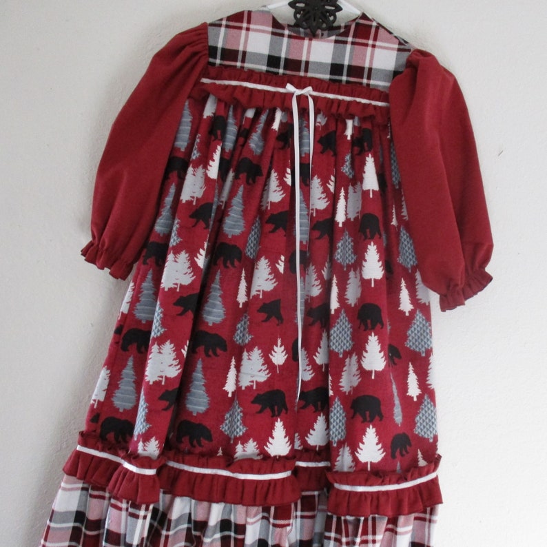 Old Fashion Flannel Gown-Size 5-Black Winter Bears and Pine Trees in gray and white on a deep red flannel with Plaid Accents