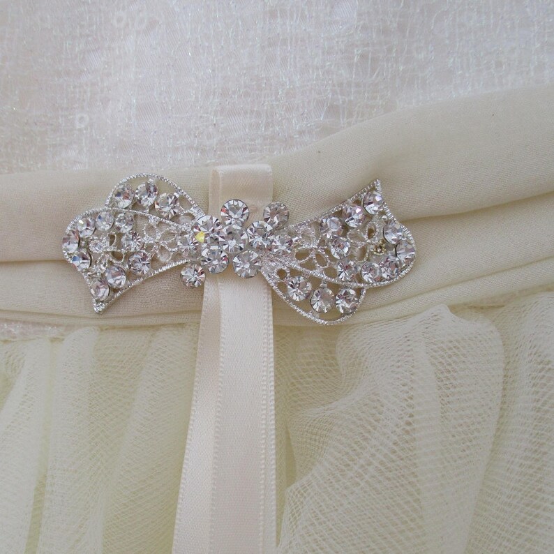 rhinestone pretty at waist chiffon sash and bow Size 4 Dress--Soft Ivory Tulle with lightly sequined lace bodice
