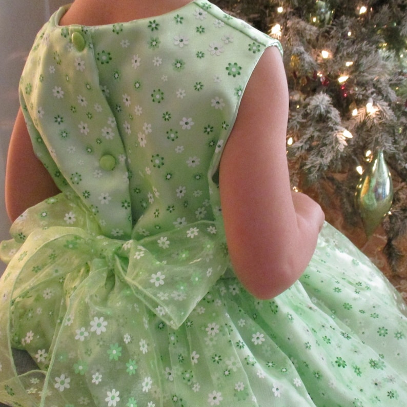 Sheer Floral Printed Bodice and Skirt 4- taffeta Underskirt- -Ruffle Sleeve Spring Green with White Flowers Dress-Sizes 12 Mo